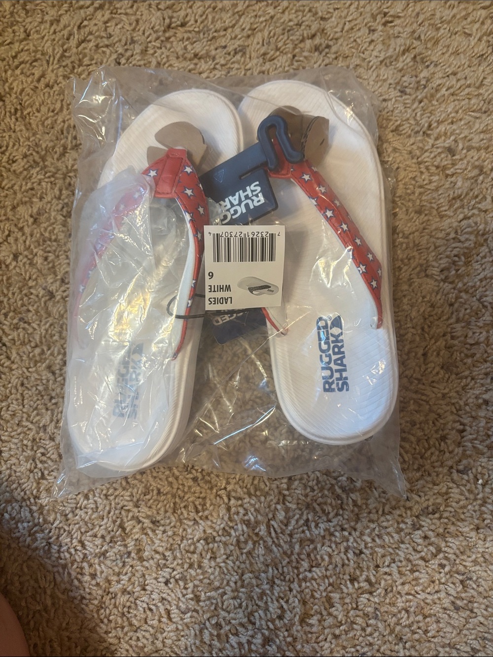 Rugged Shark White Flip Flops with Red Star-Strap